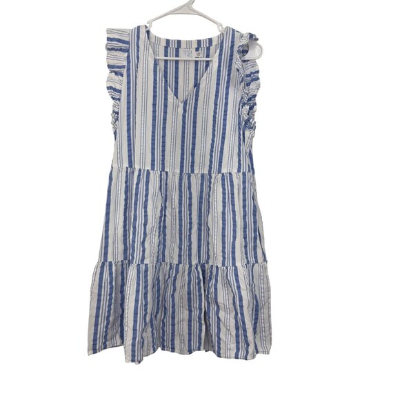 Blue & White Striped Ruffle Sleeveless A-Line Dress By Time And Tru Size S (4-6) - Picture 1 of 9